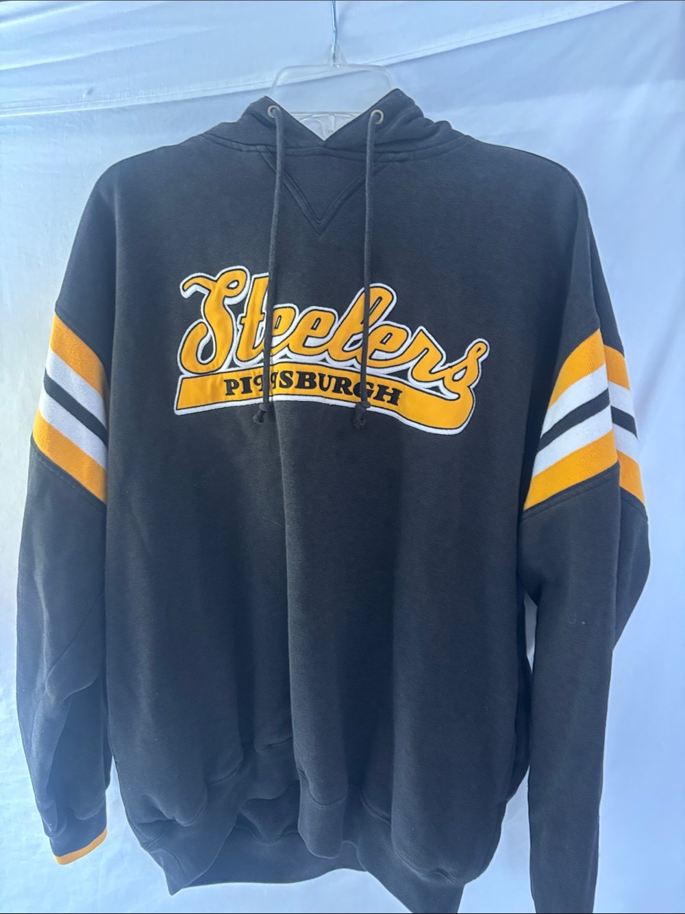 Lee Black Pullover Hoodie with Gold and White Stripe Accents. Vintage. Size L.